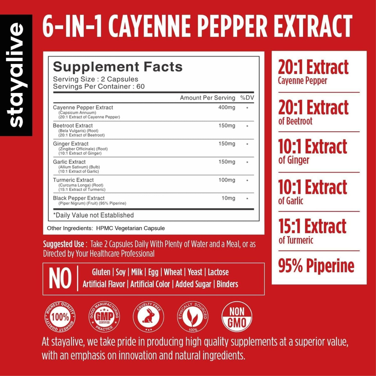 STAY ALIVE capsaicin supplement container displaying natural ginger and garlic extract ingredients