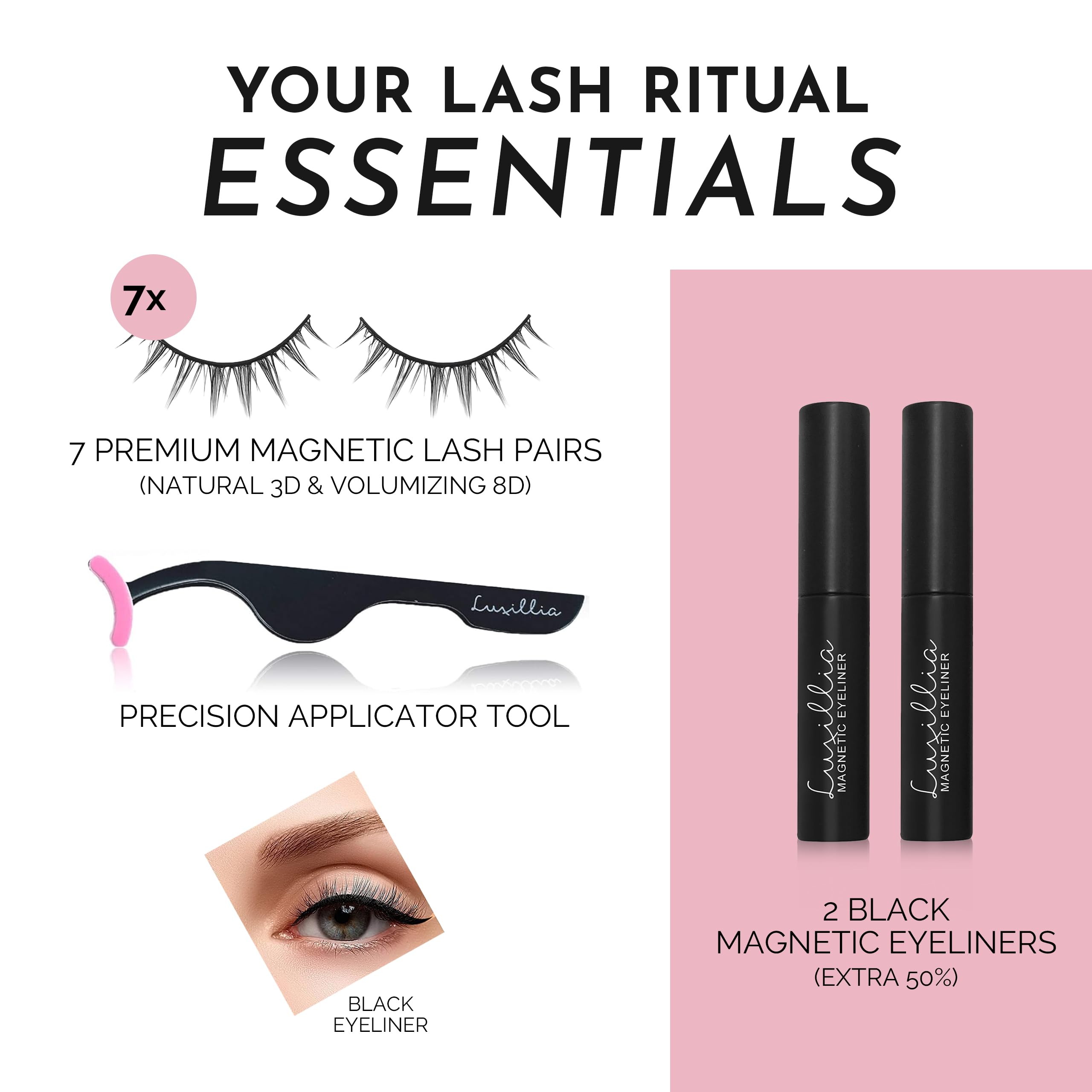 Luxillia waterproof liquid magnetic eyeliner bottle with applicator brush open.