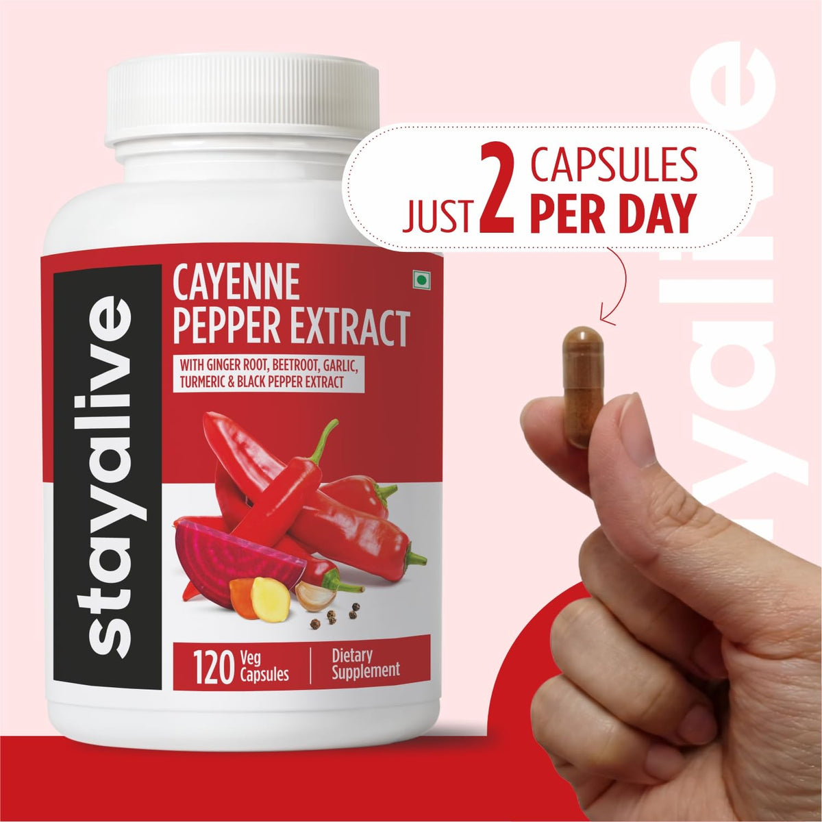 Two month supply packaging of STAY ALIVE blood circulation support vegetable capsules