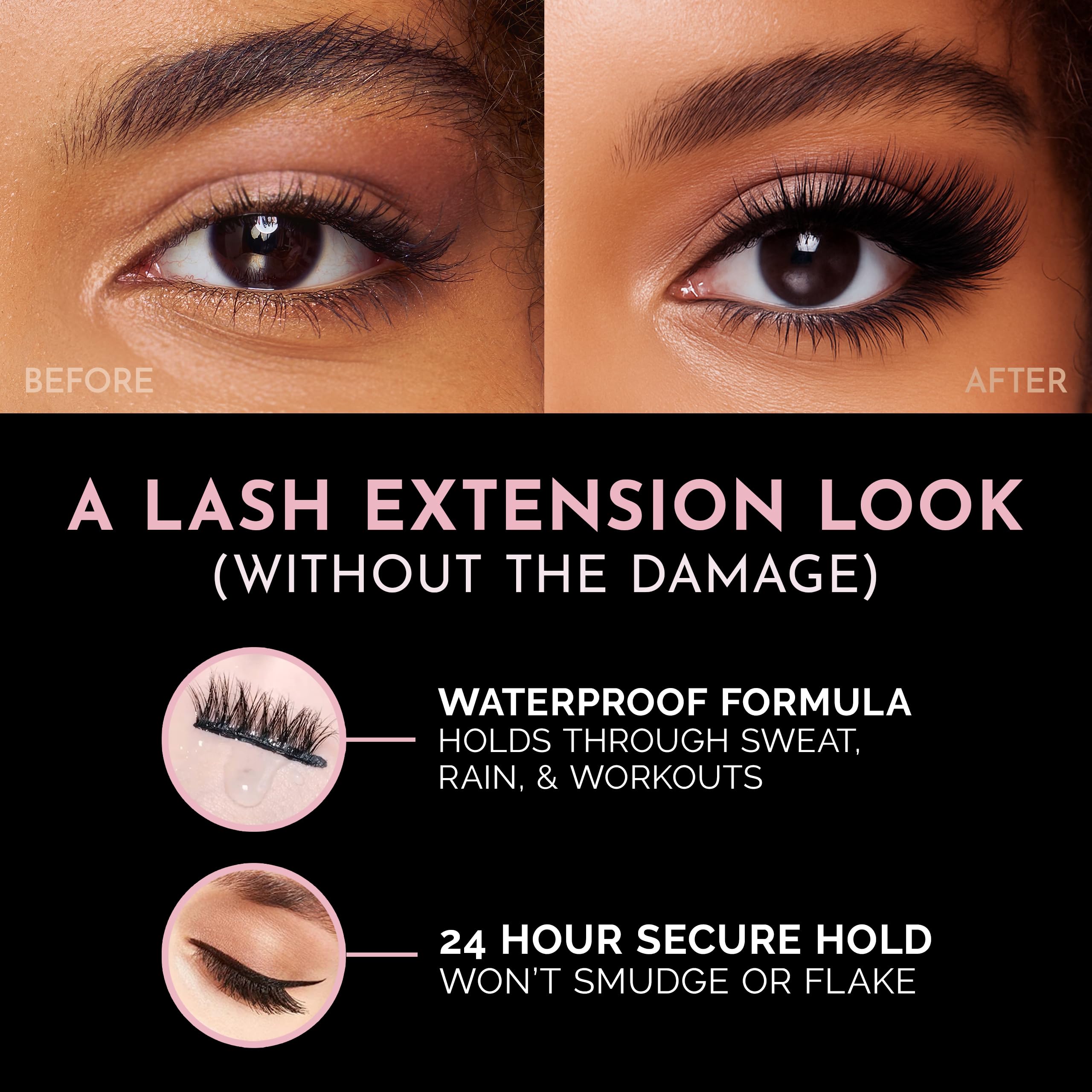 Seven different styles of Luxillia magnetic eyelashes arranged inside the kit box.