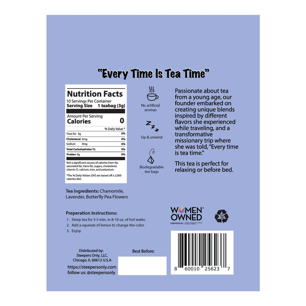 Steepers Only Slumber Party bedtime tea bag showing the premium biodegradable pyramid mesh design with whole herbs inside