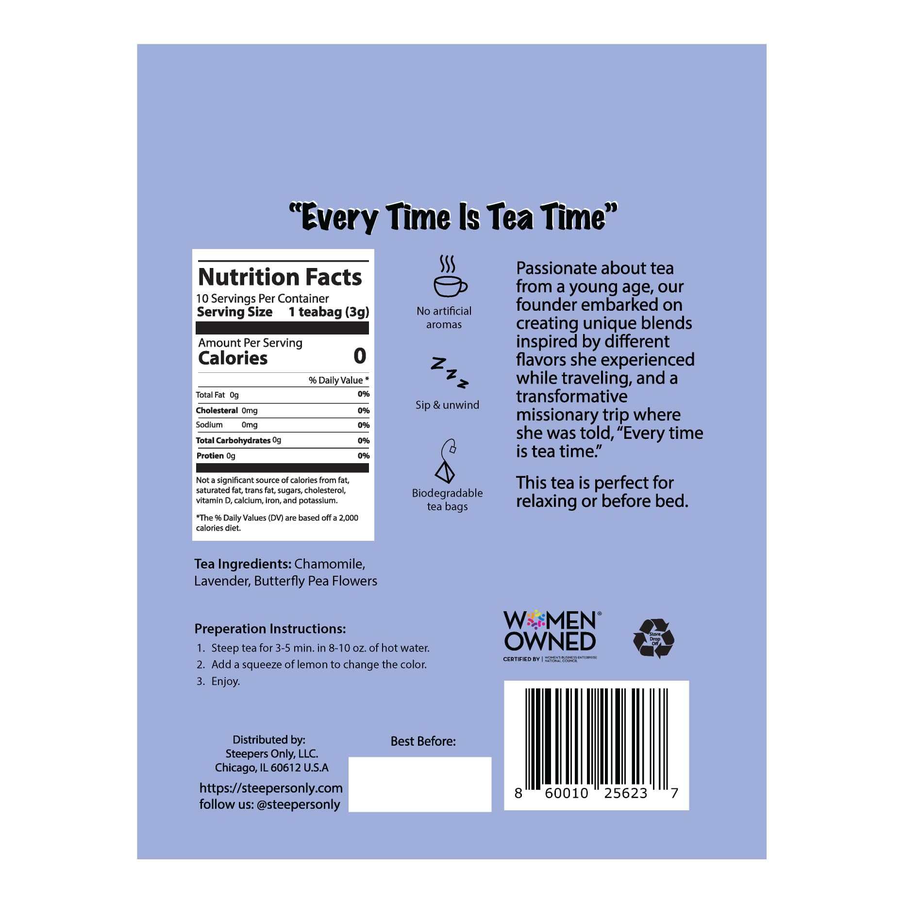Steepers Only Slumber Party bedtime tea bag showing the premium biodegradable pyramid mesh design with whole herbs inside