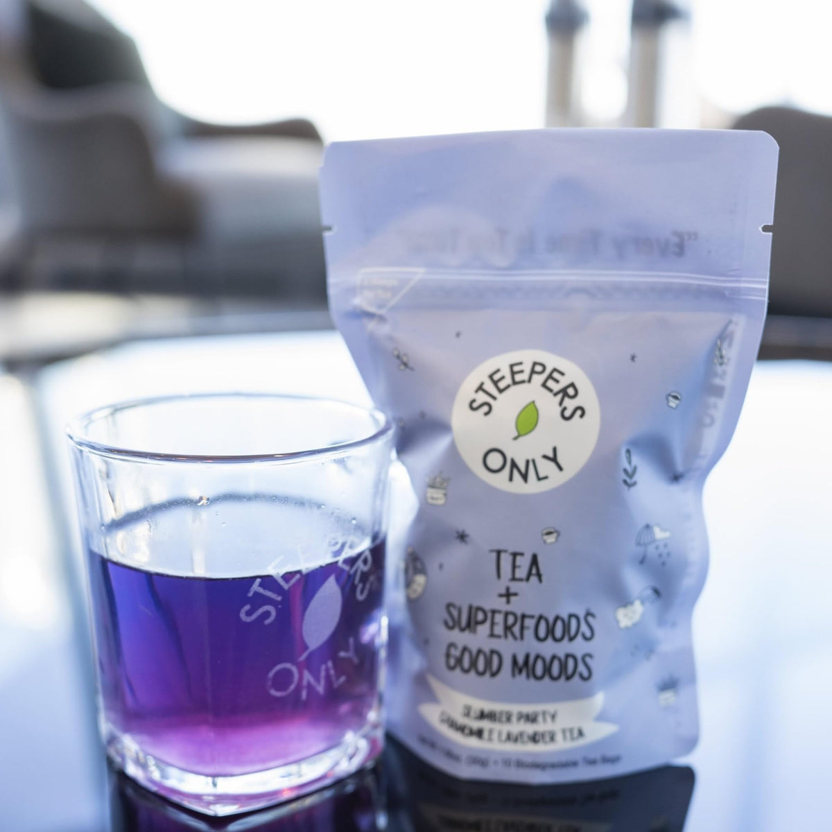 Steepers Only Chamomile Lavender bedtime tea pouch back label displaying clean ingredients and preparation instructions