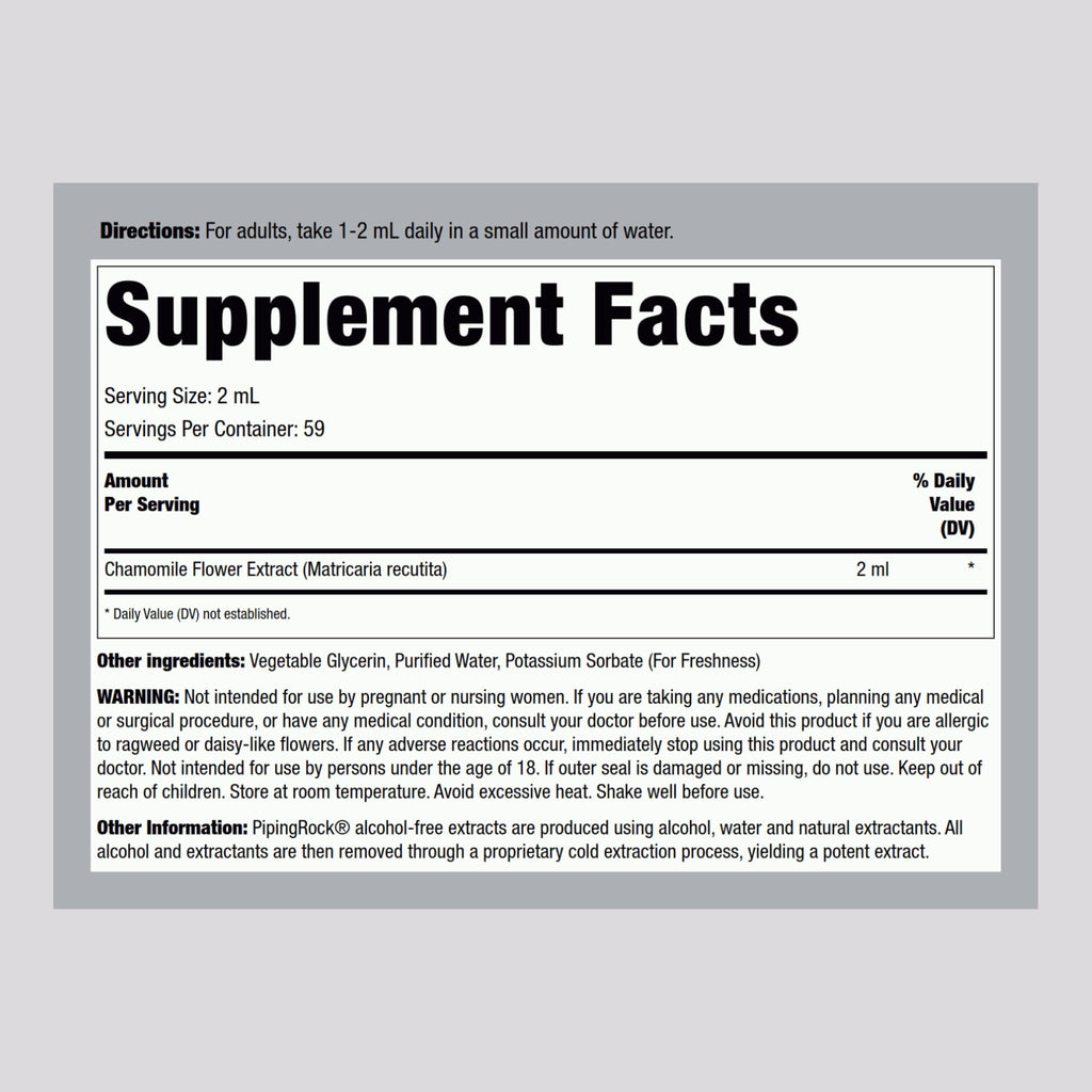Close-up of the supplement facts and ingredients label on the back of the Piping Rock Chamomile tincture.