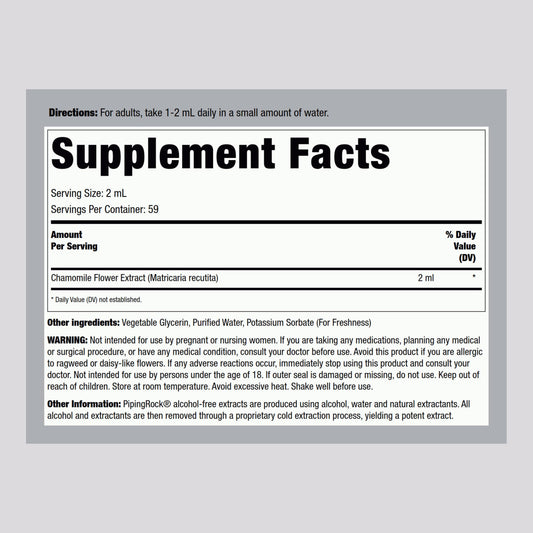 Close-up of the supplement facts and ingredients label on the back of the Piping Rock Chamomile tincture.