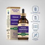 Premium alcohol-free chamomile liquid herbal supplement dropper bottle placed upright.