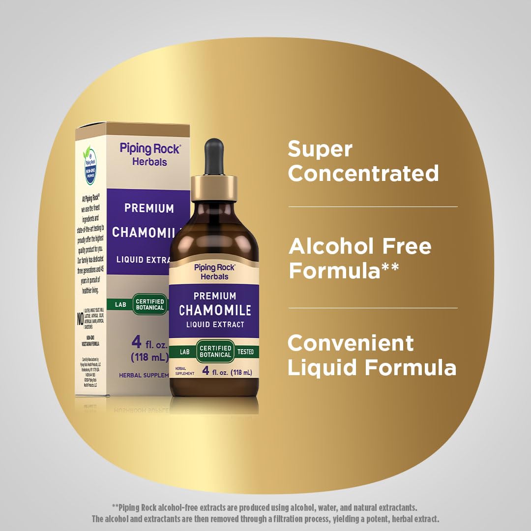Authentic USA-imported Piping Rock premium certified botanical chamomile flower extract liquid formula.