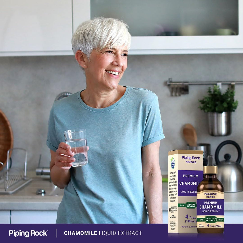 Side angle view of the 4 Fluid Ounce packaging for Piping Rock chamomile herbal supplement.