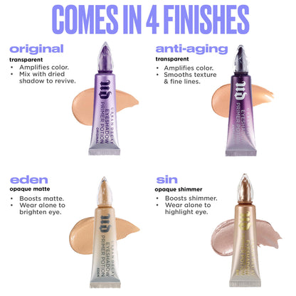 Smudge proof champagne eye primer formula demonstration on eyelid.