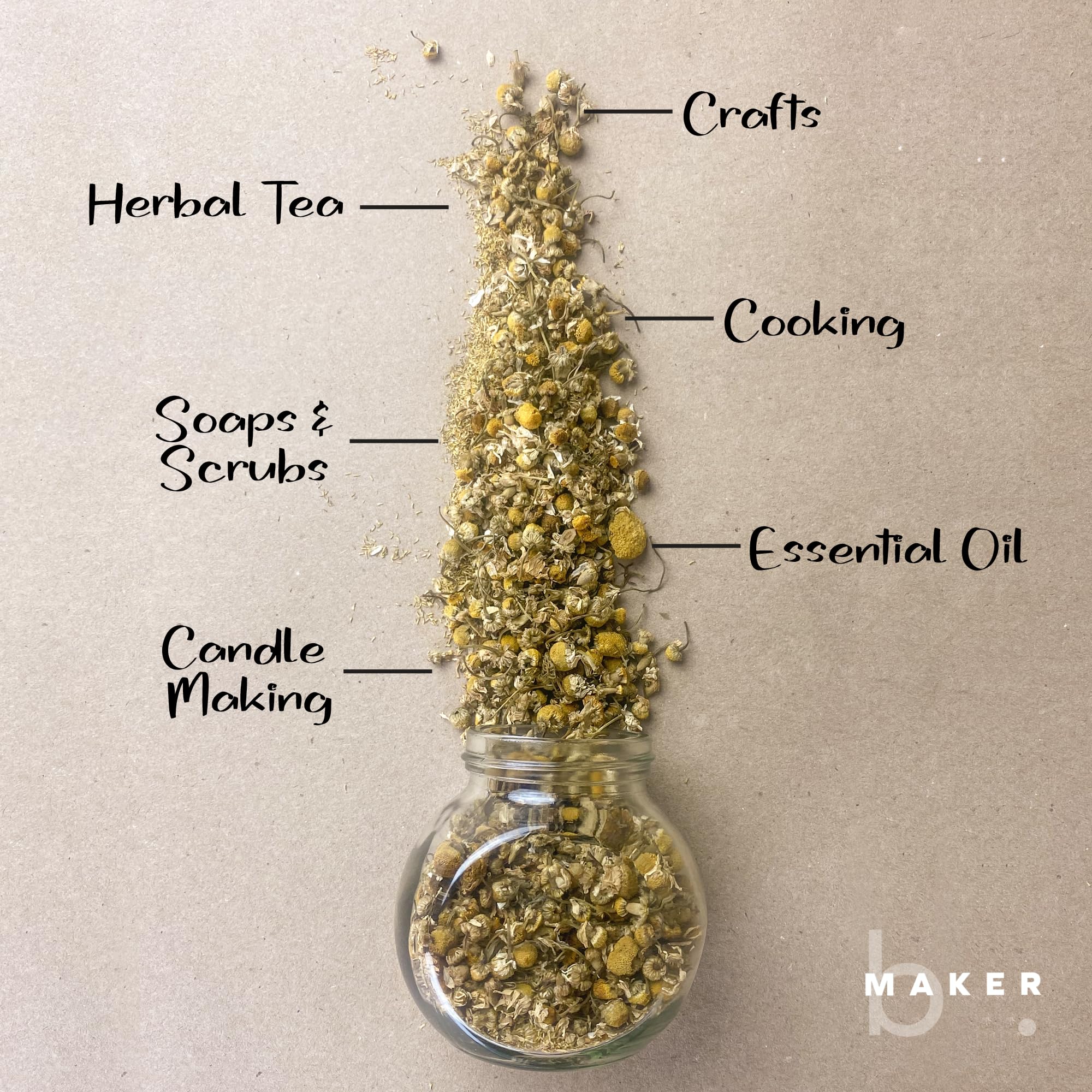 Spices Village bMAKER dried chamomile flower buds spread out to showcase the premium golden yellow culinary quality.
