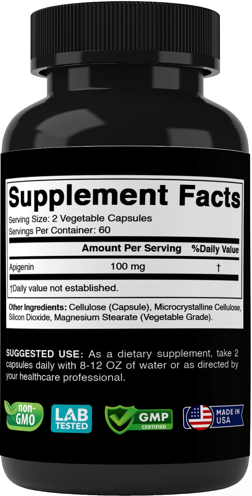 Vitabod Apigenin dietary supplement bottle showing ingredient details and USA manufacturing certification