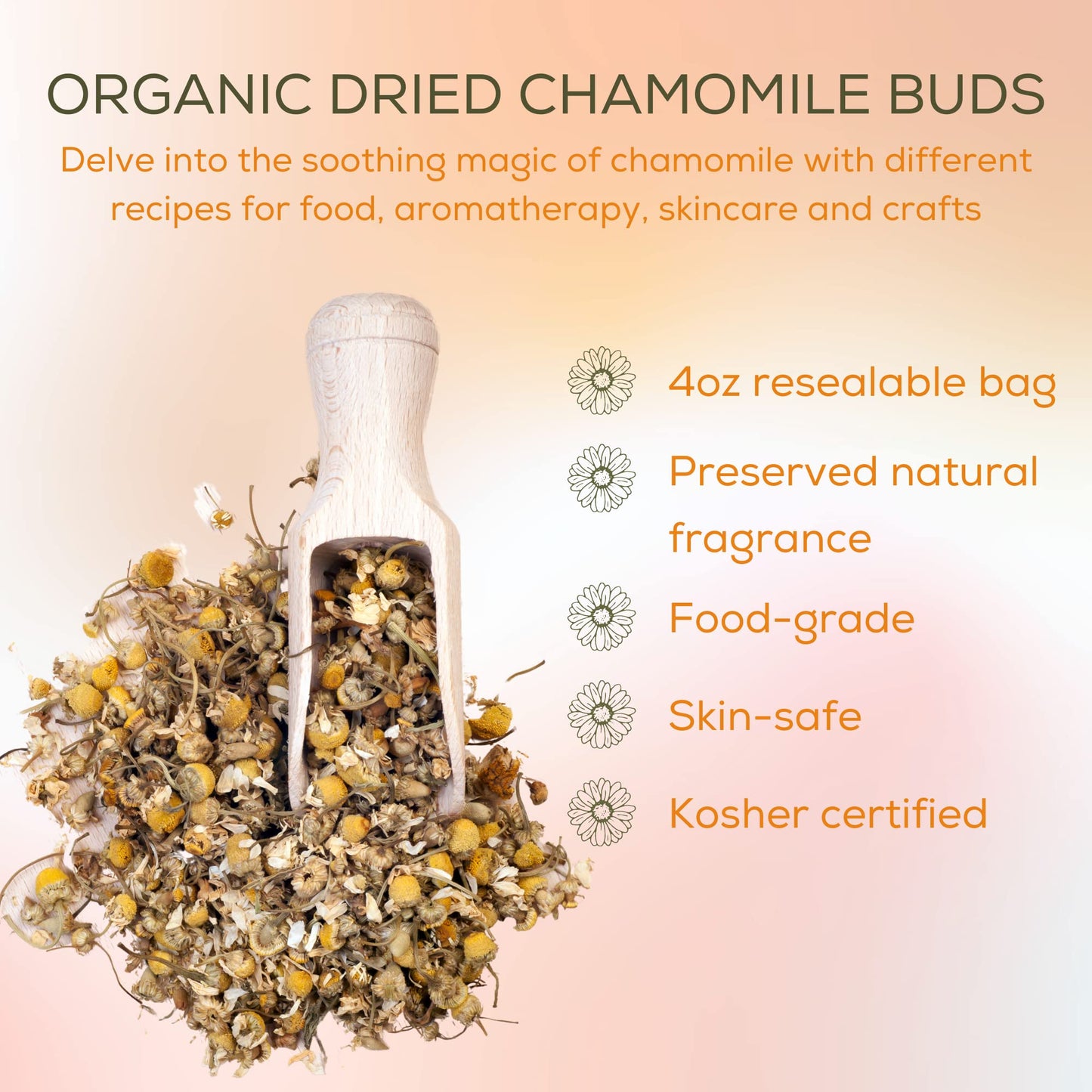 Premium imported chamomile dried flowers being measured out for a DIY skincare and aromatherapy recipe.