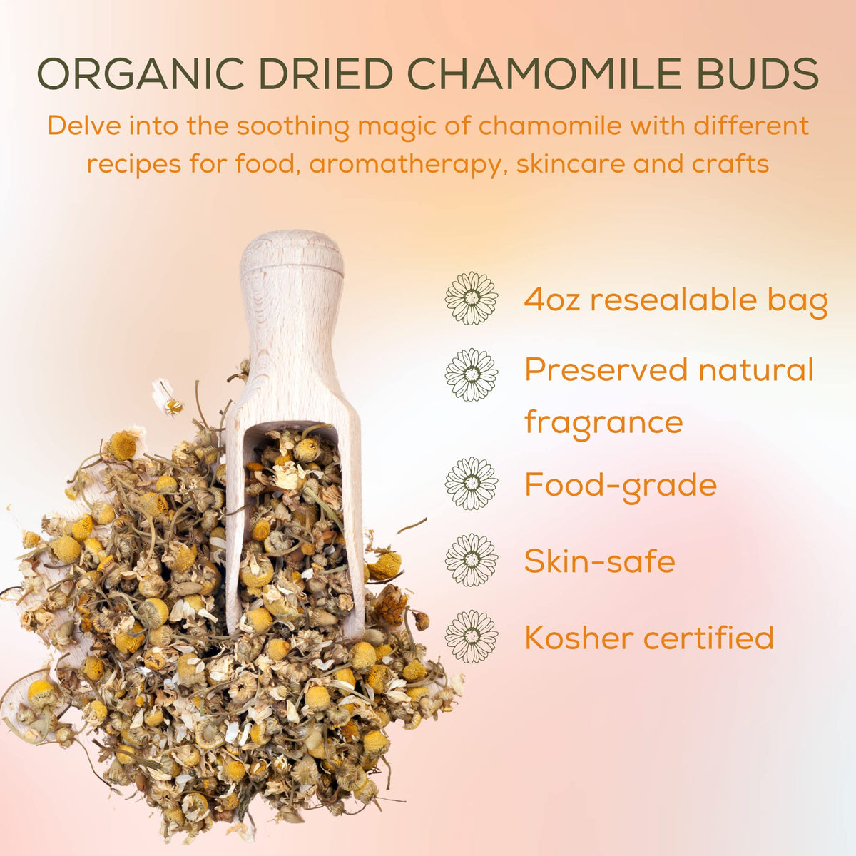 Premium imported chamomile dried flowers being measured out for a DIY skincare and aromatherapy recipe.