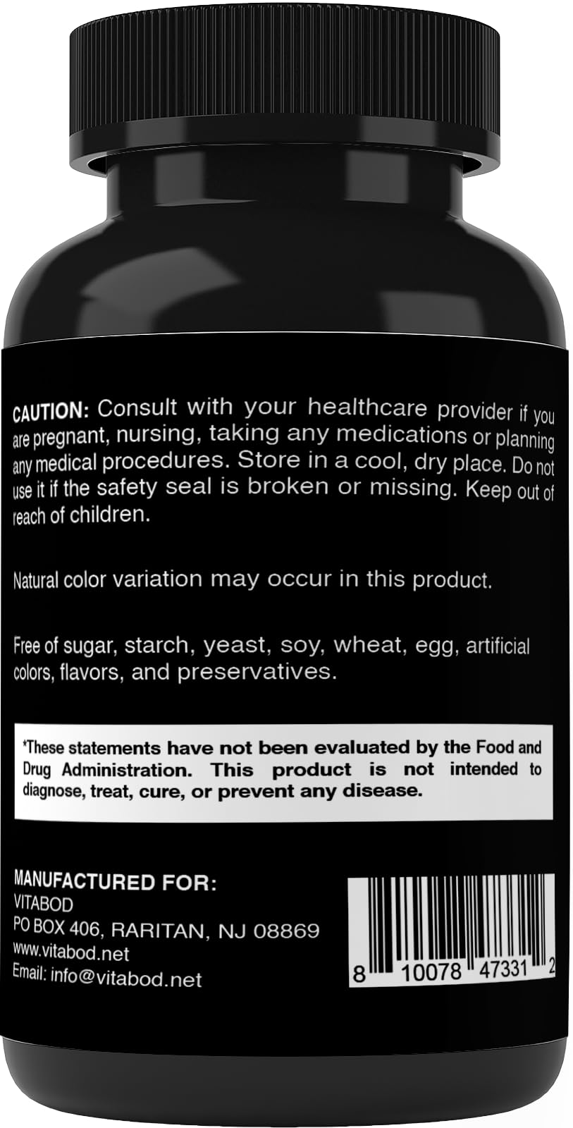 Side label view of Vitabod Apigenin 120 capsule bottle showing allergen free information
