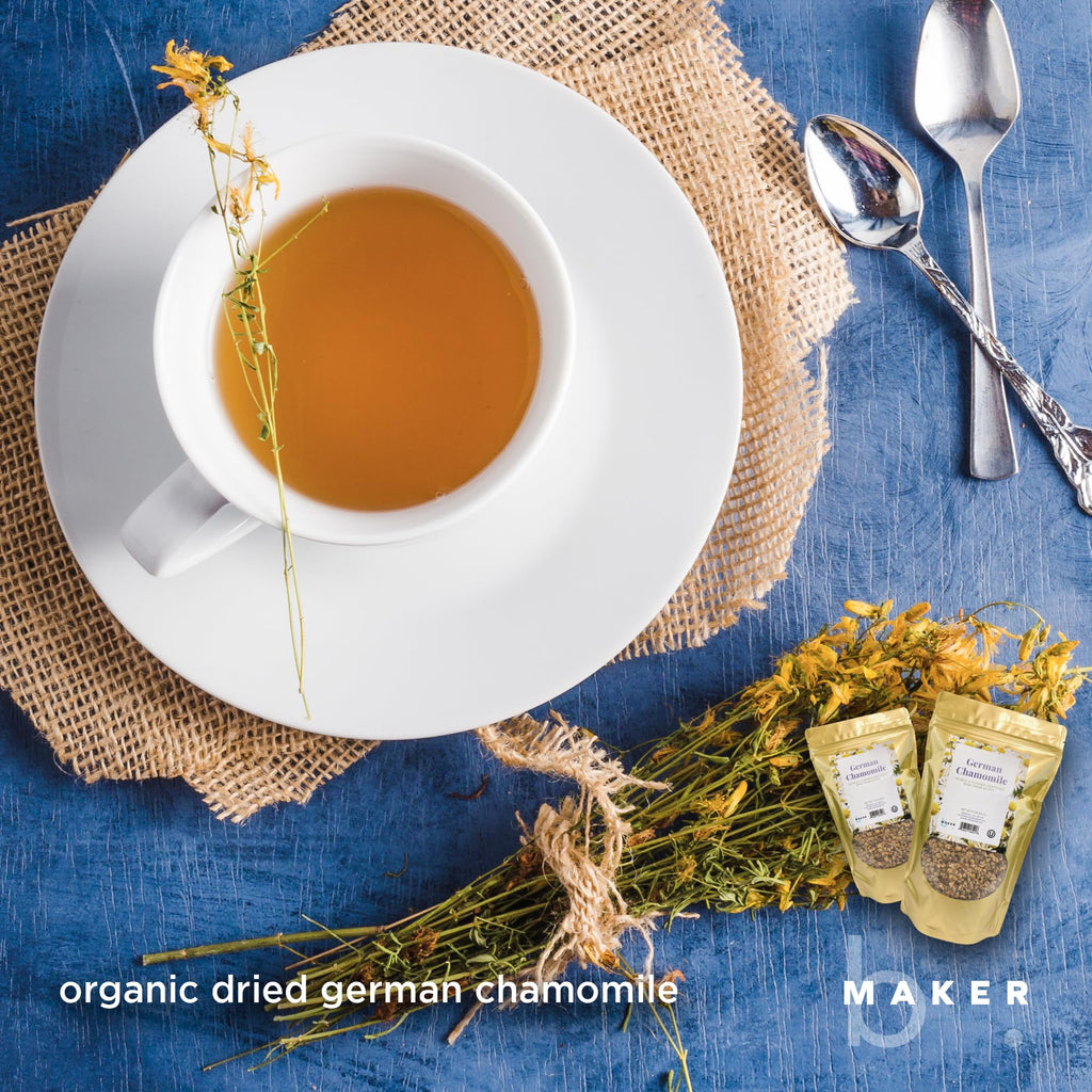 Natural loose leaf German chamomile tea leaves stored inside the resealable bulk packaging for guaranteed freshness.
