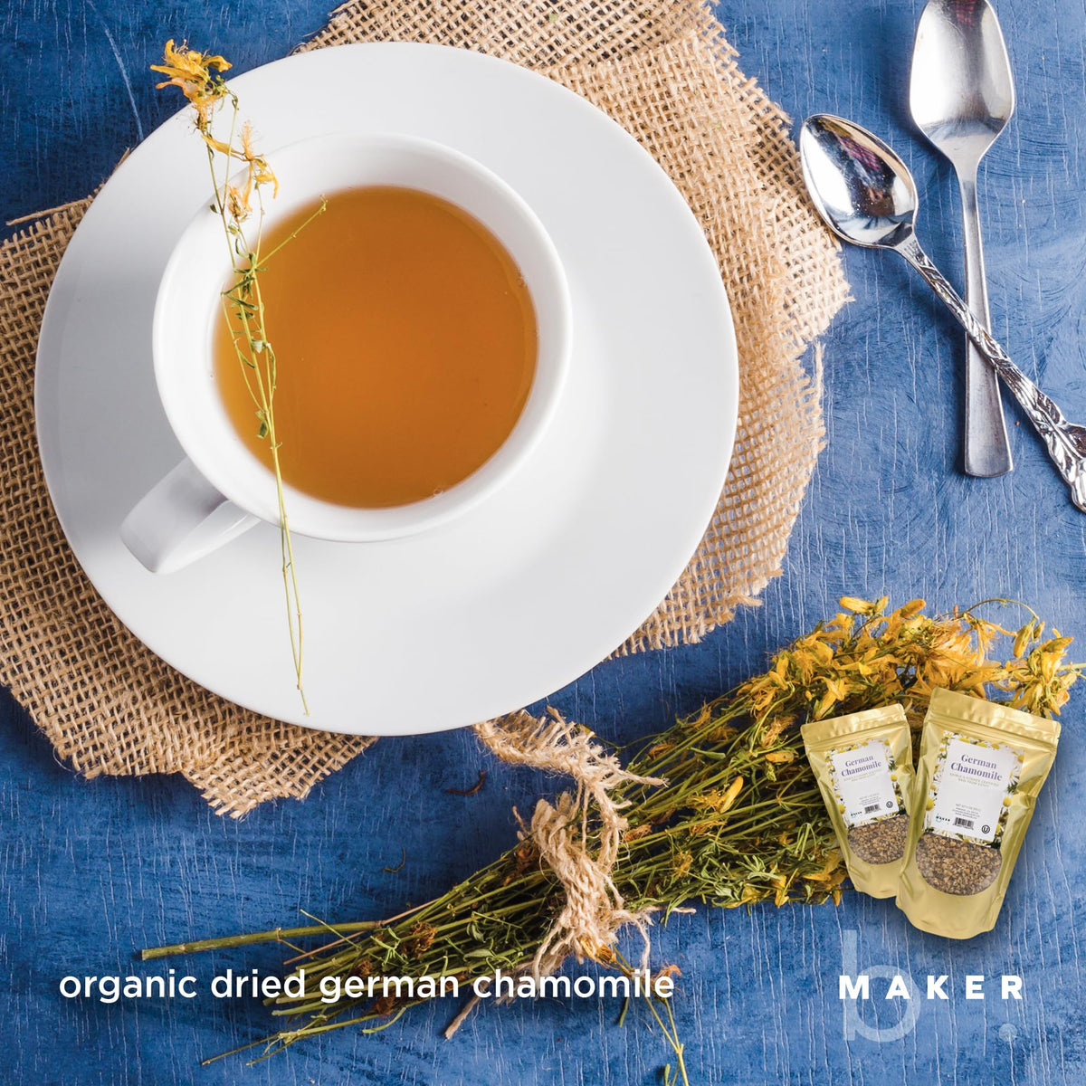 Natural loose leaf German chamomile tea leaves stored inside the resealable bulk packaging for guaranteed freshness.