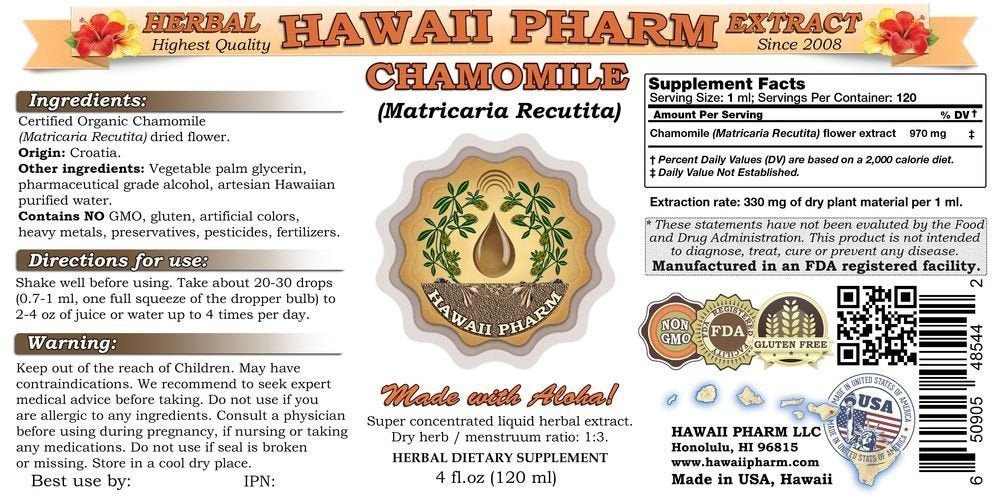 Hawaii Pharm Chamomile herbal supplement crude tincture liquid dropper display