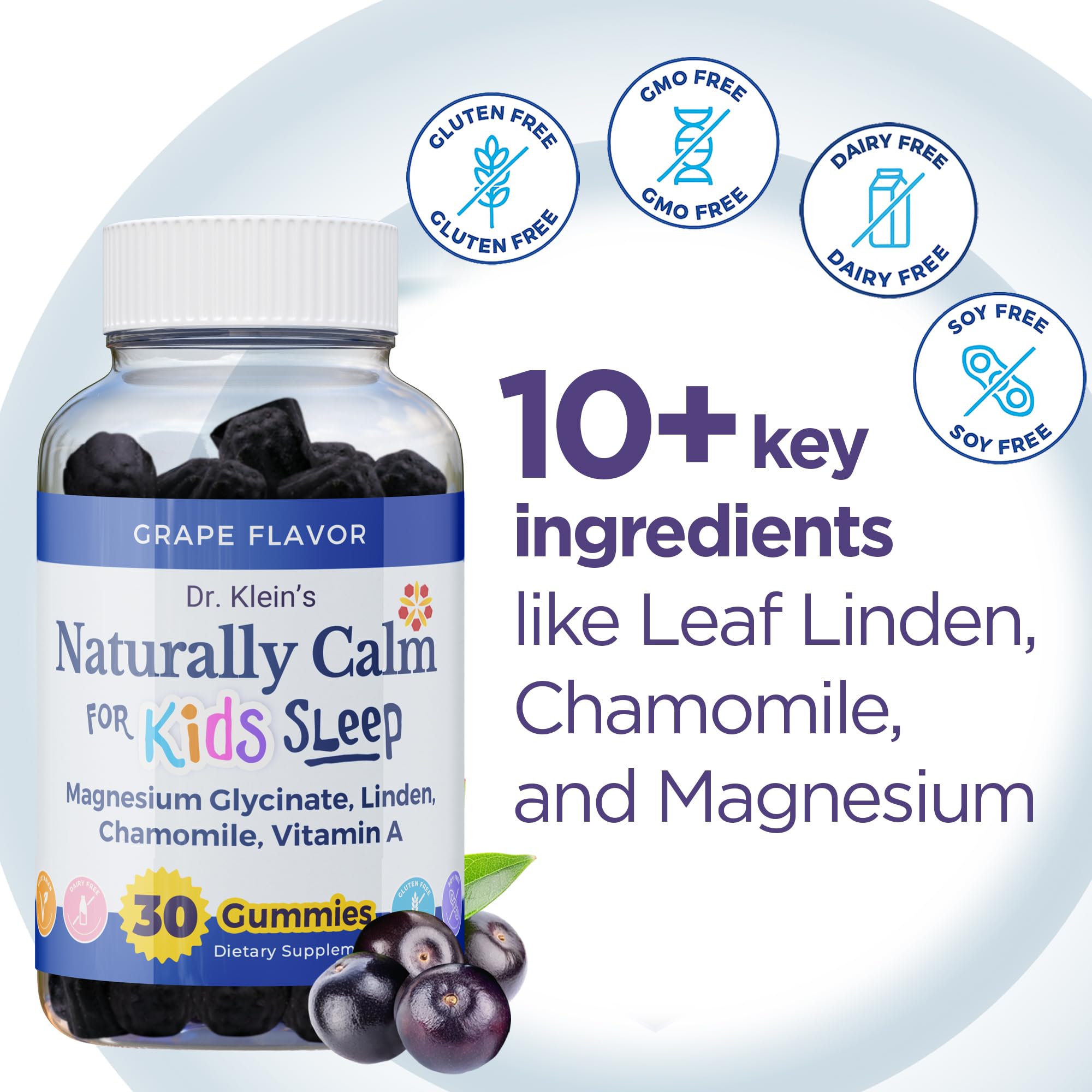Dr Kleins Kids Calm Gummies close up view highlighting magnesium glycinate and chamomile ingredients