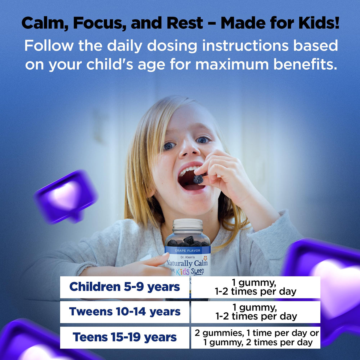 Side view of Rhoziva Kids Calm Gummies nutritional facts and imported product information label