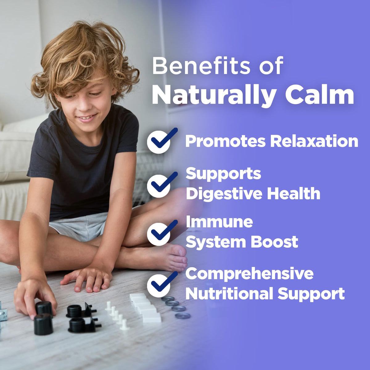 Rhoziva Kids Naturally Calm supplements showing the sugar free and gluten free certification stamps