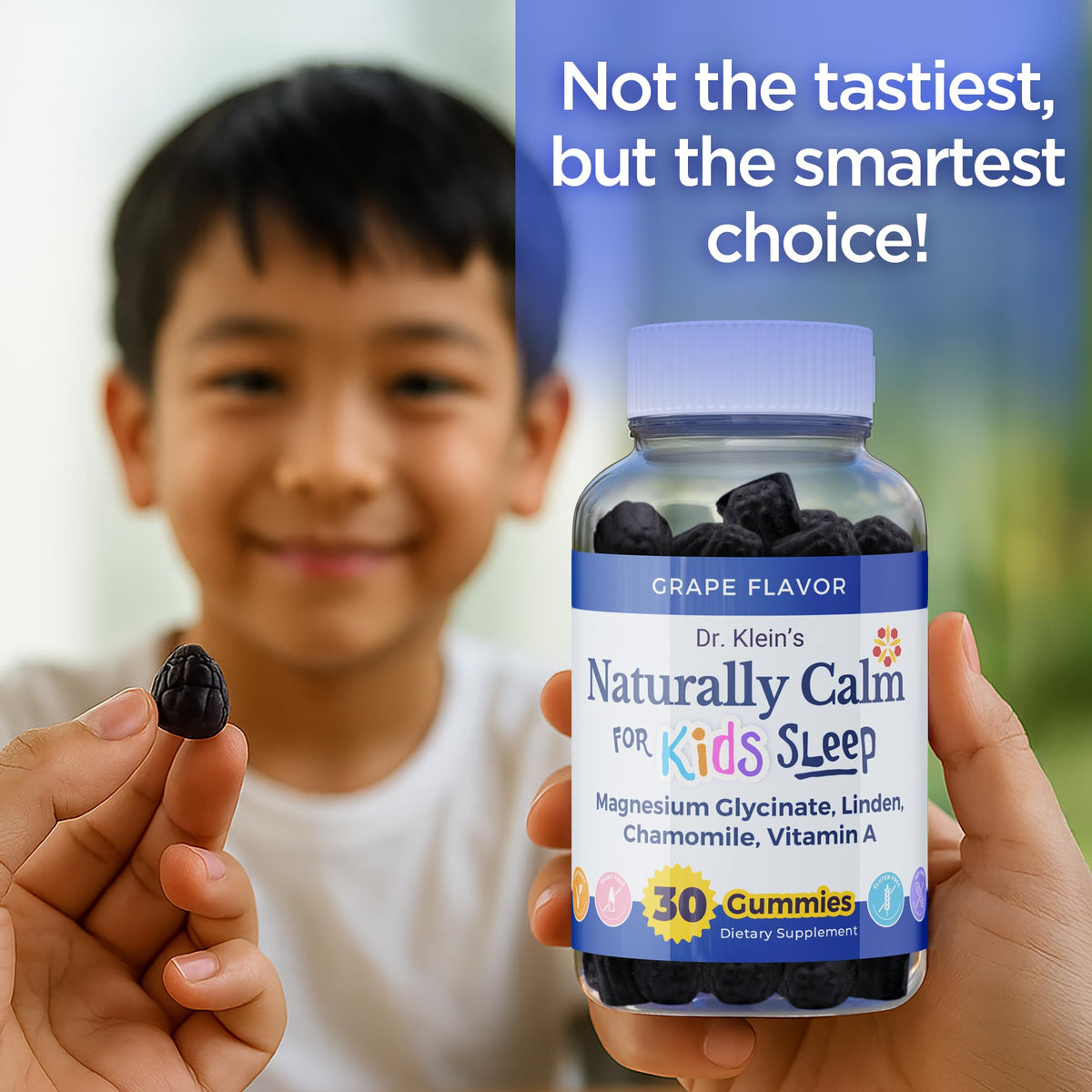 Dr Kleins Calm Gummies for kids displaying the grape flavored chewable texture and supplement form