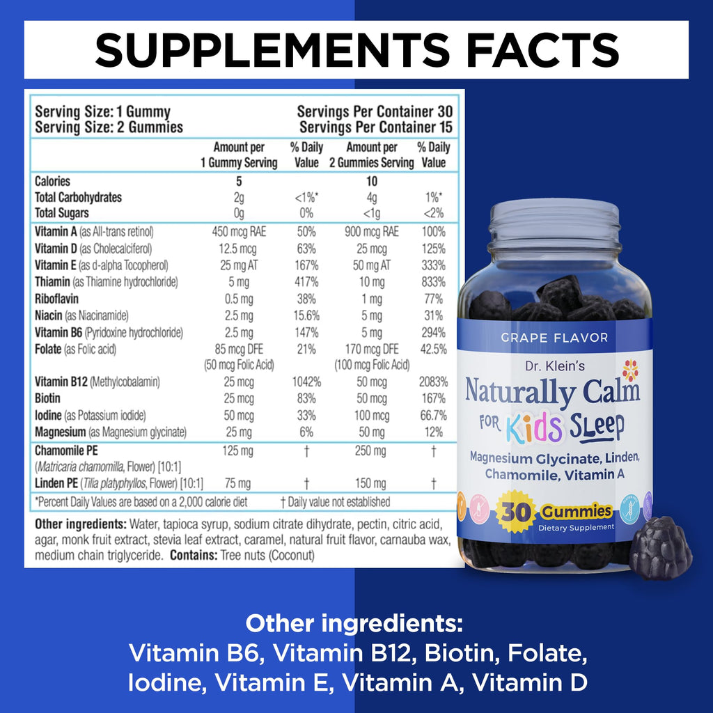 Rhoziva Kids Calm Gummies thirty count bottle package showing complete dosage guidelines for parents