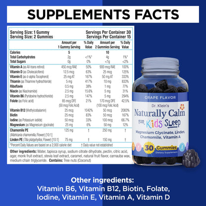 Rhoziva Kids Calm Gummies thirty count bottle package showing complete dosage guidelines for parents