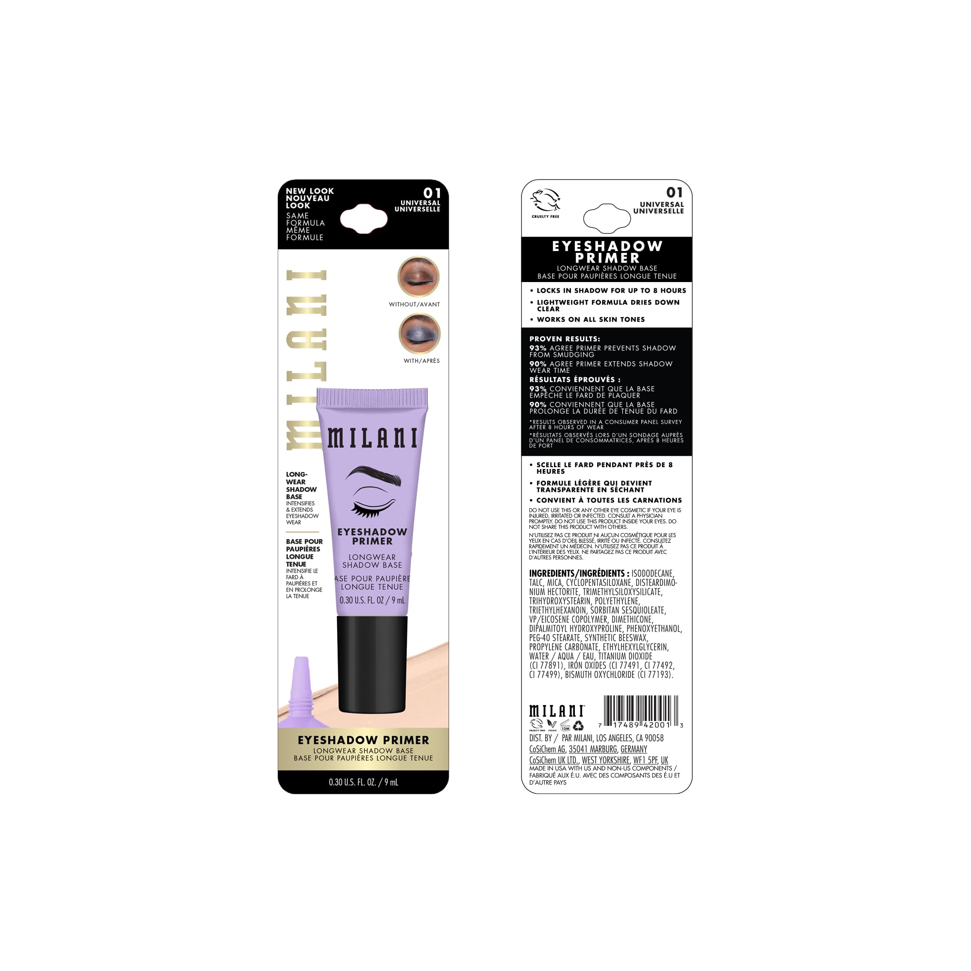 Milani Stay Put eye makeup primer tube on a clean background