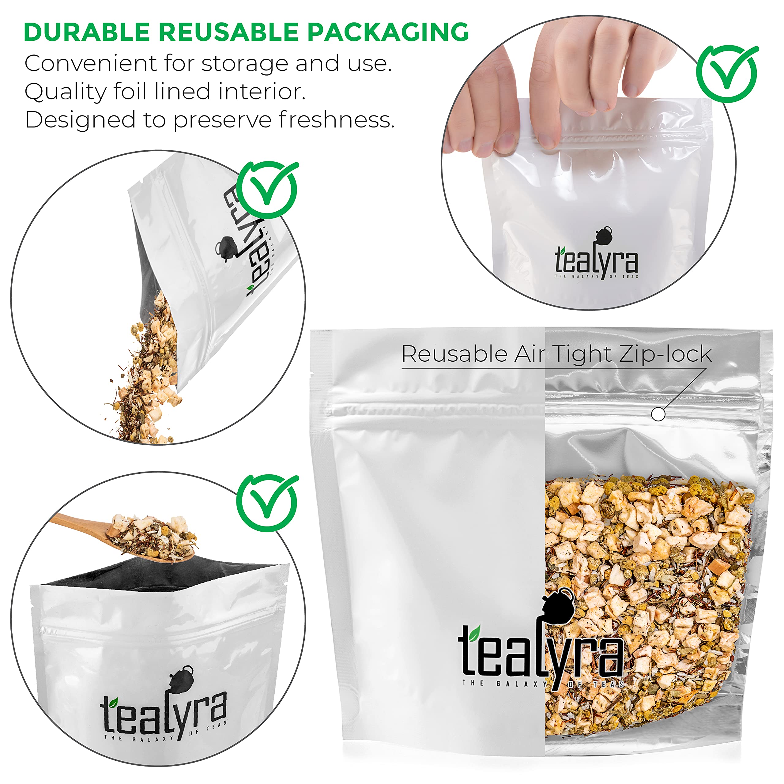 Tealyra herbal bedtime loose tea showing dry ingredients including chamomile flowers and rooibos base.