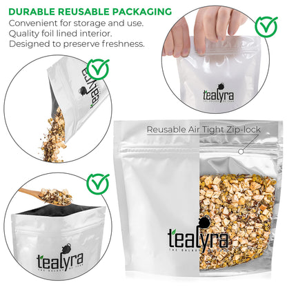 Tealyra herbal bedtime loose tea showing dry ingredients including chamomile flowers and rooibos base.
