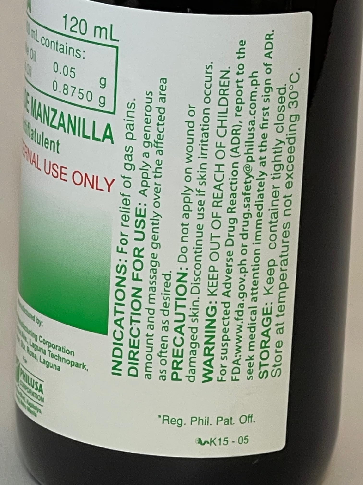 Rhea chamomile oil liquid supplement package label showing natural ingredients