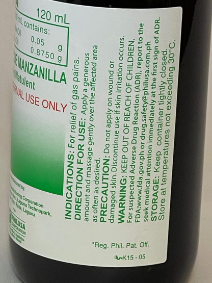 Rhea chamomile oil liquid supplement package label showing natural ingredients