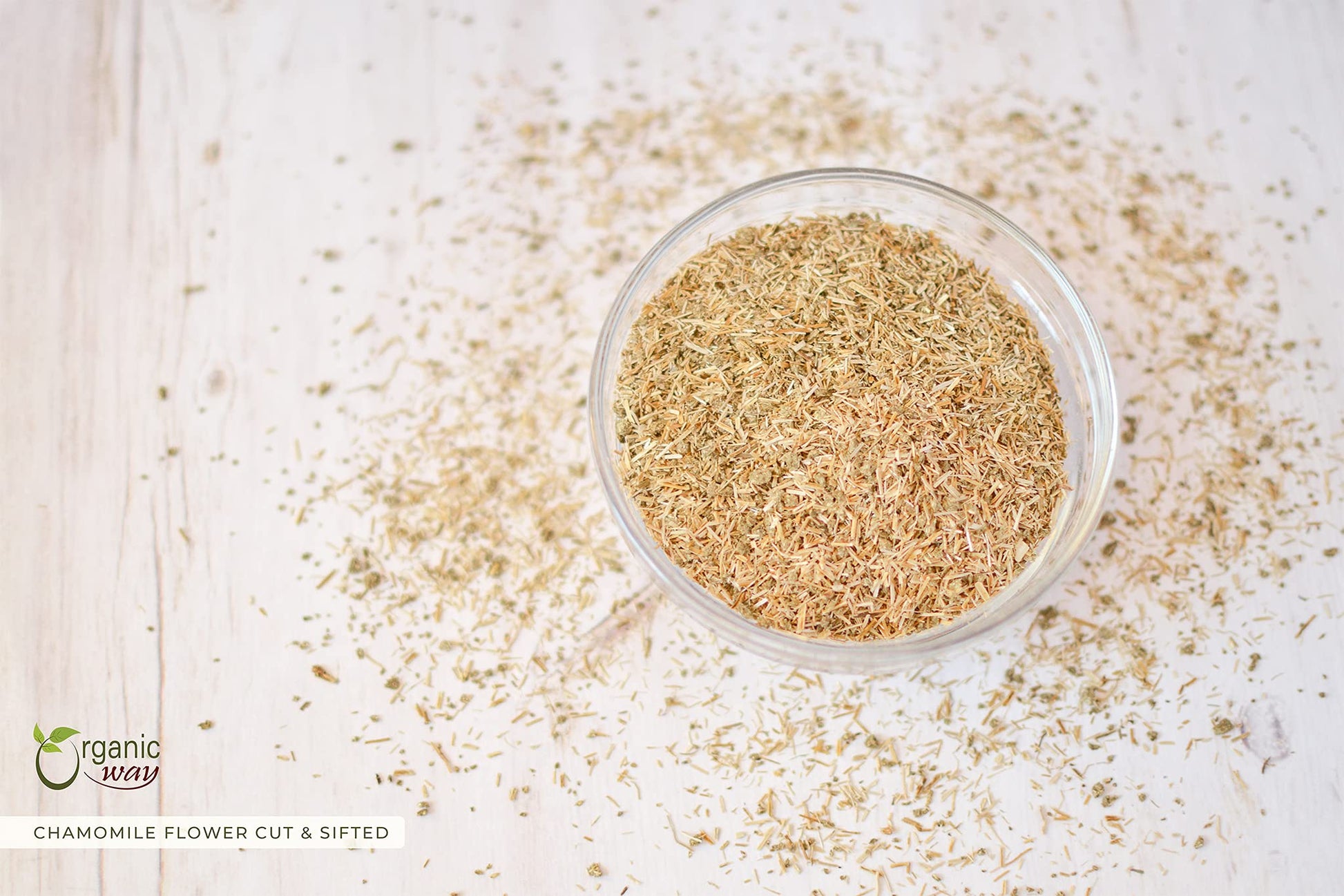 Imported cut and sifted loose leaf chamomile tea in four ounce packaging.