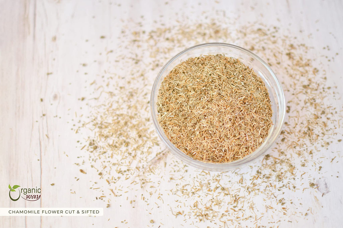 Imported cut and sifted loose leaf chamomile tea in four ounce packaging.