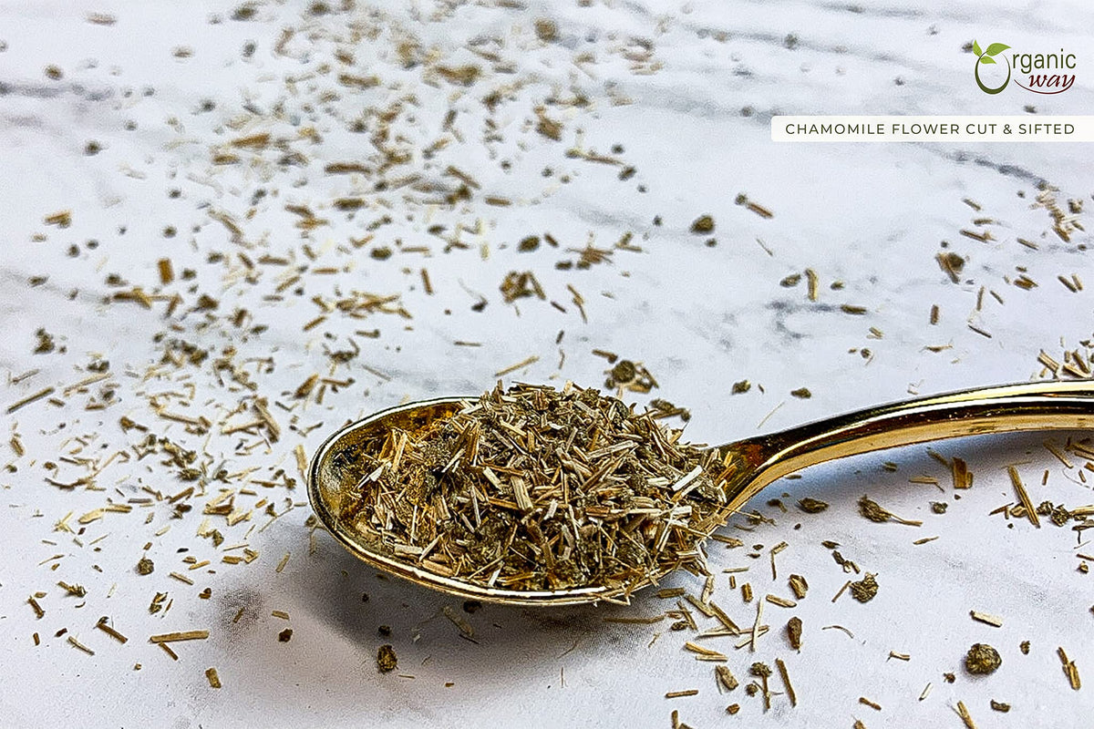 Authentic Organic Way brand dried chamomile blossoms for DIY skincare recipes.