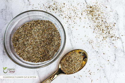 Caffeine free herbal chamomile tea infusion prepared in a clear cup.