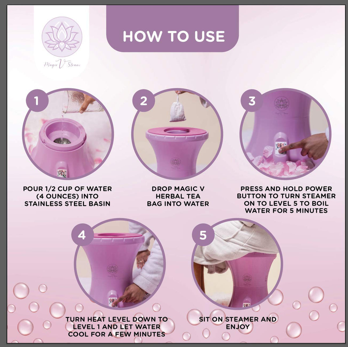 Magic V Steam Serenity pouch showing ingredients and directions list