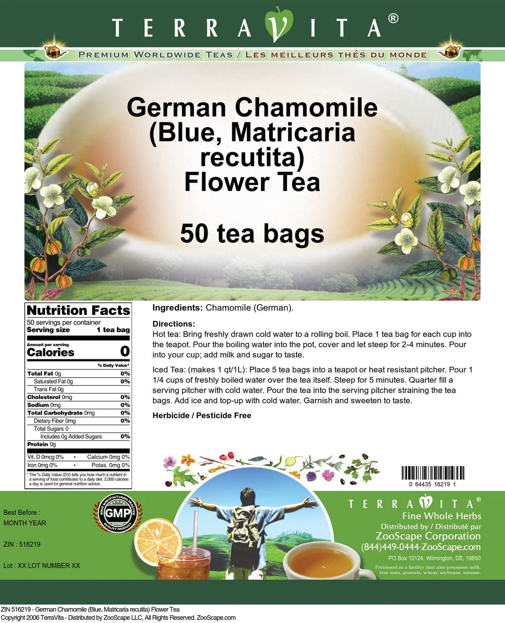 Terravita German Chamomile Matricaria Recutita herbal tea bag close up with whole dried flowers