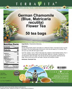 Terravita German Chamomile Matricaria Recutita herbal tea bag close up with whole dried flowers