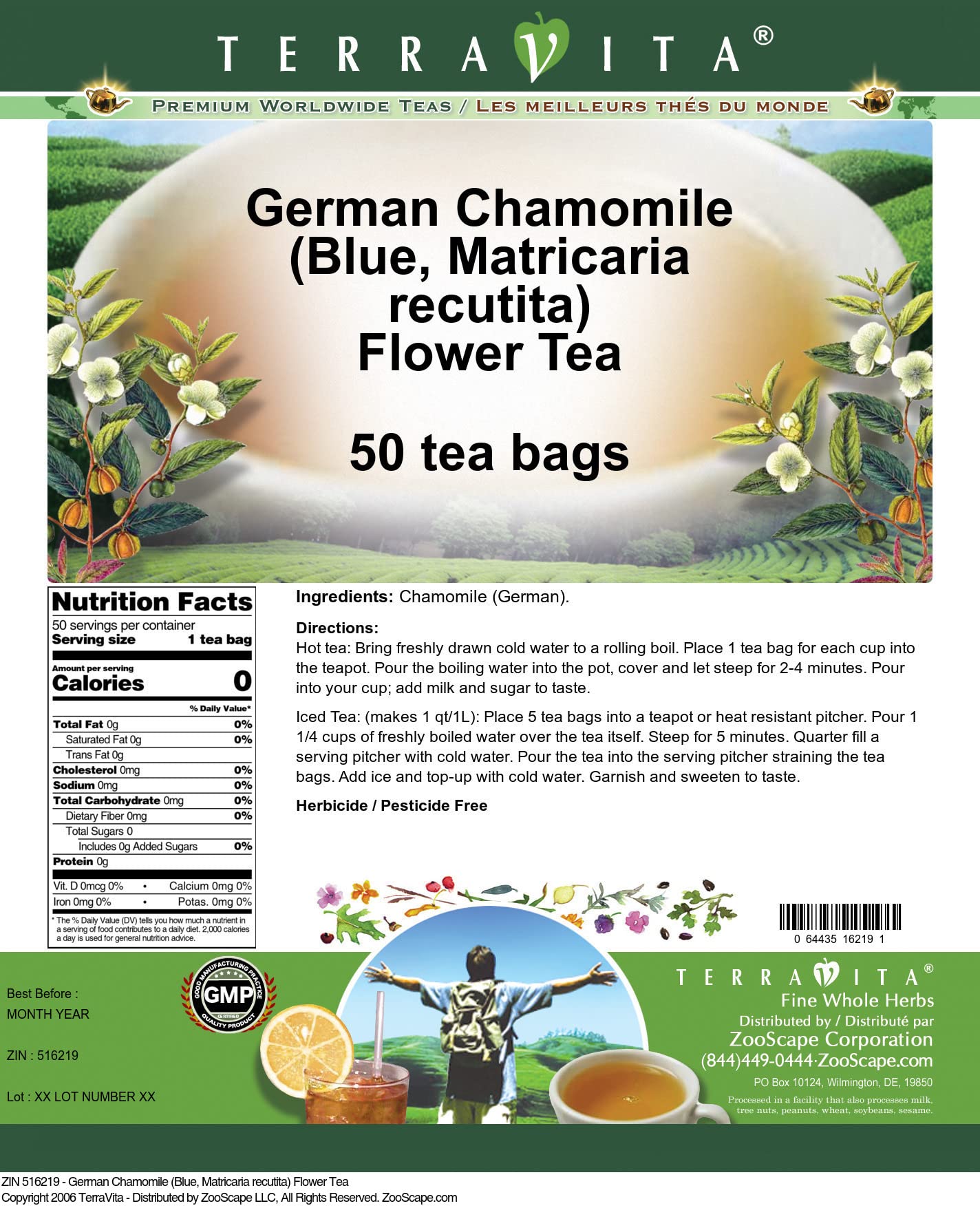 Terravita German Chamomile Matricaria Recutita herbal tea bag close up with whole dried flowers