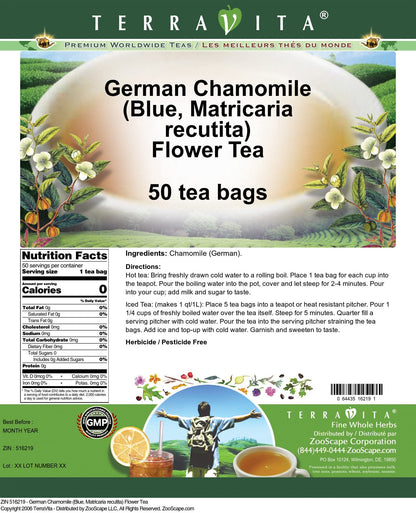 Terravita German Chamomile Matricaria Recutita herbal tea bag close up with whole dried flowers