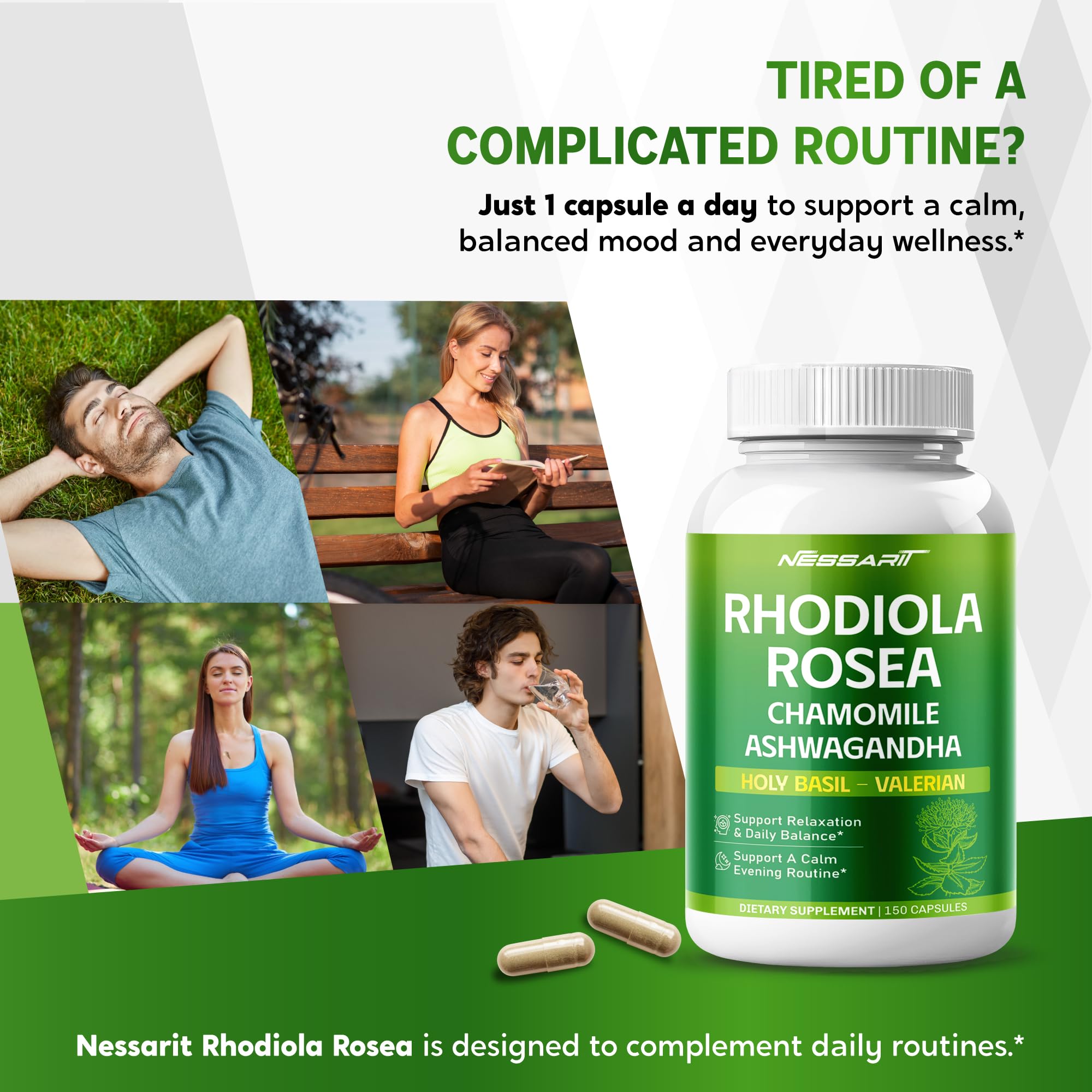 Ultra Herbs Rhodiola Rosea capsules featuring Ashwagandha and L-Theanine for stress relief and relaxation.