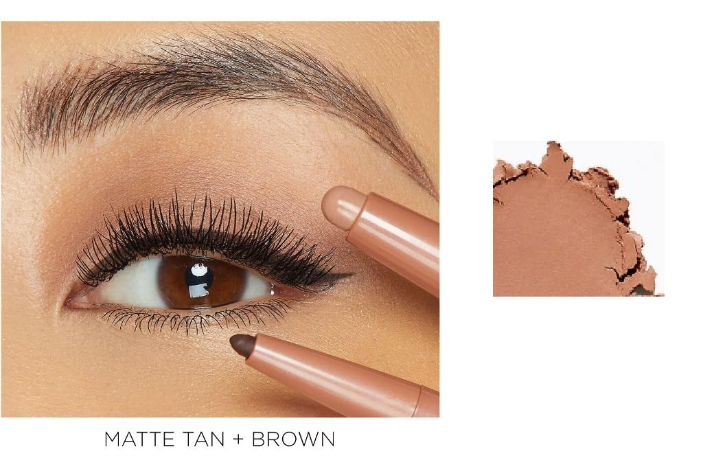 Close up of Tarte Quick Stick Matte Tan and Brown shadow and liner tips