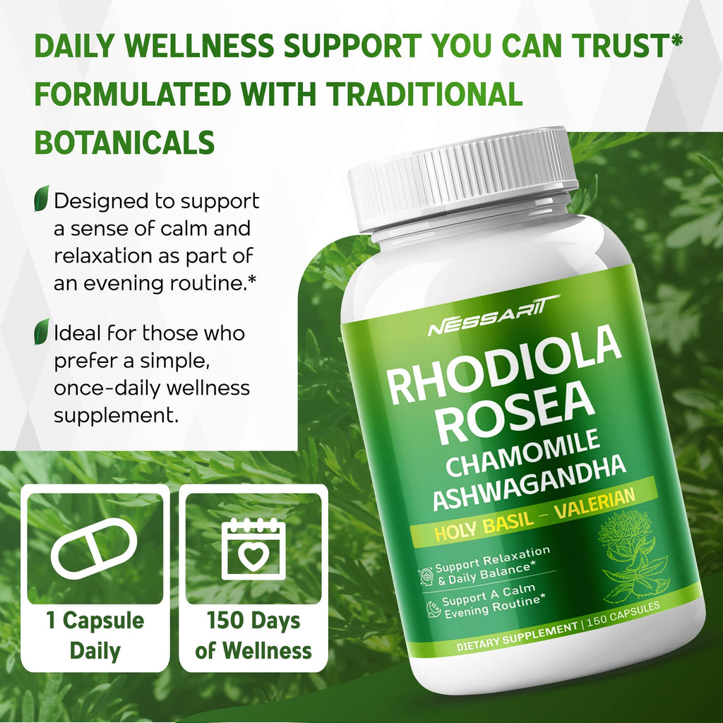 Side view of Ultra Herbs Rhodiola Rosea supplement packaging highlighting the 150-day supply benefits.
