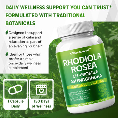 Side view of Ultra Herbs Rhodiola Rosea supplement packaging highlighting the 150-day supply benefits.