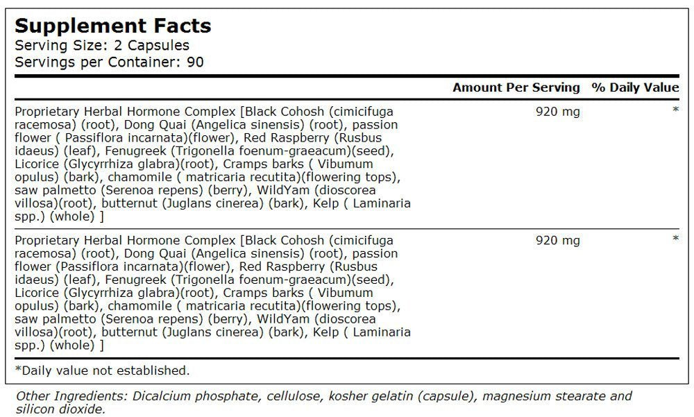 Supplement facts and ingredient label on back of Vitacost premium Black Cohosh hormone support capsules