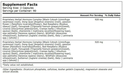 Supplement facts and ingredient label on back of Vitacost premium Black Cohosh hormone support capsules
