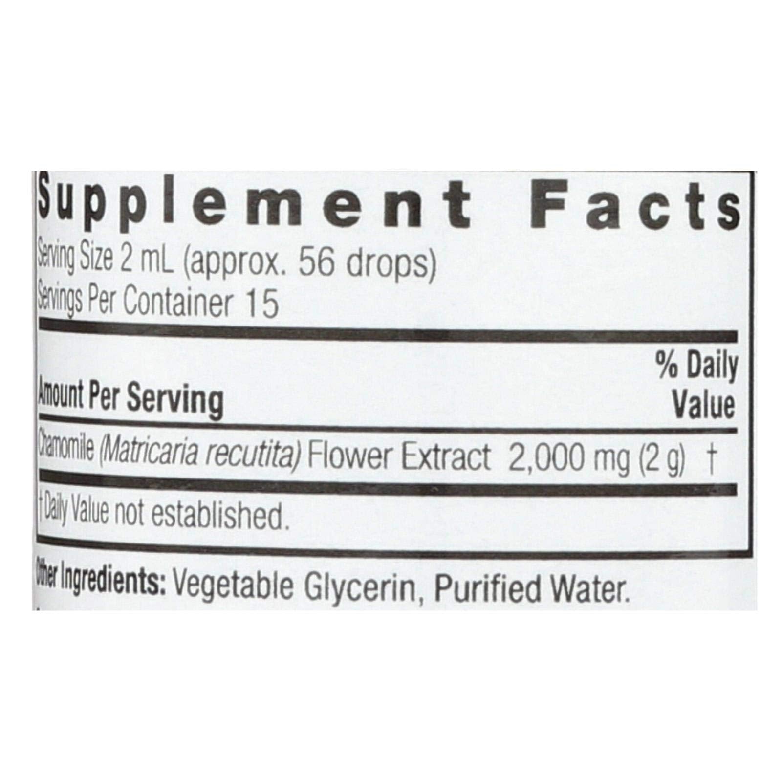 Alcohol free concentrated chamomile drops bottle back label ingredients view