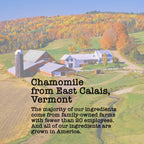 Back label of Harts of America Organic Chamomile Tea showing brewing instructions and product origin details.