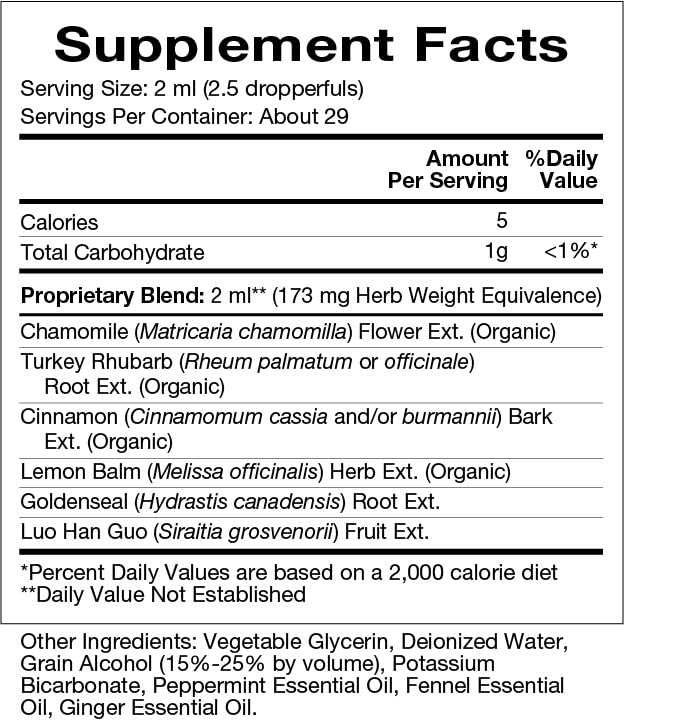 Natura Health Products Peps-Aid side label showing ingredient facts including chamomile, turkey rhubarb, and cinnamon.